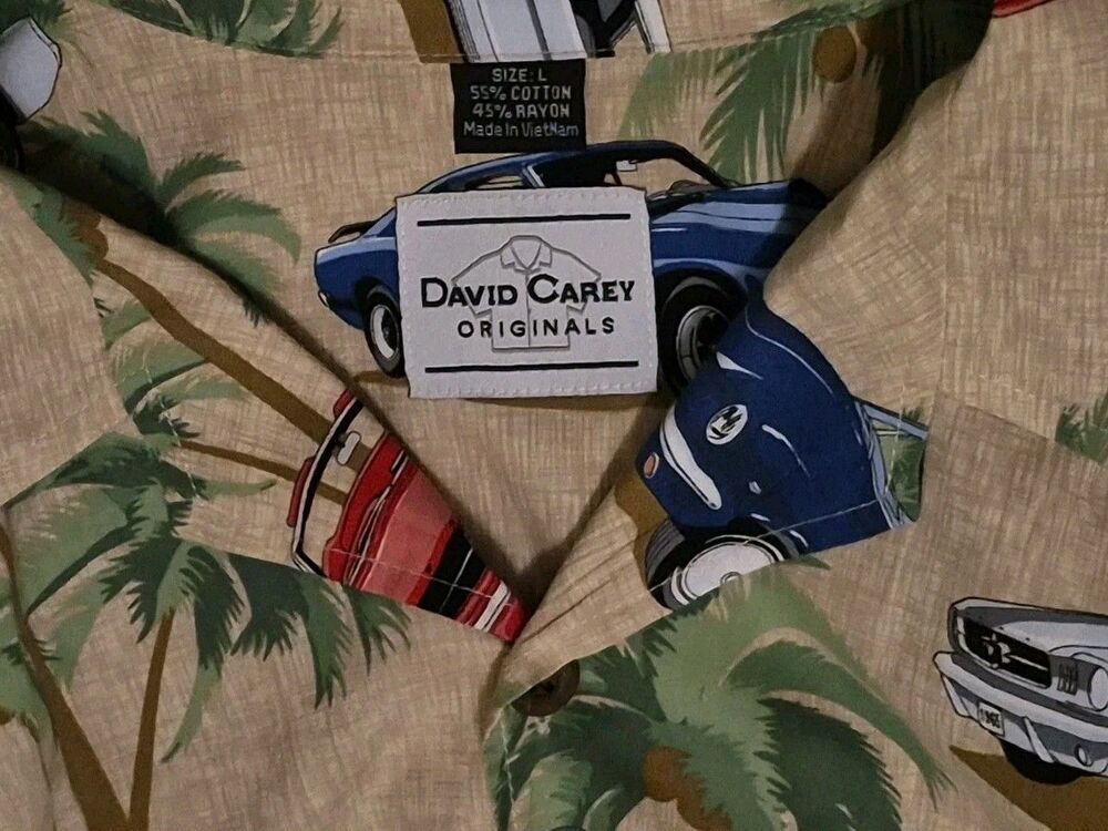 David Carey Mens L Shirt Green Ford Mustang Classic Car Tropical Hawaiian - Picture 3 of 6